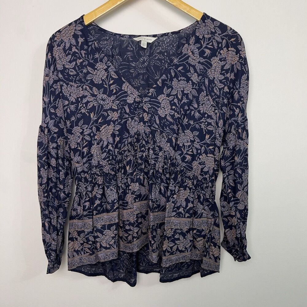 Lucky Brand Womens V-Neck Floral Peplum Top Stretch Cinched Small Blue Casual